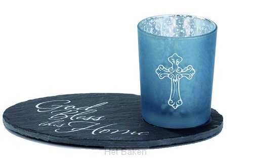 SLATE AND GLASS TEALIGHT CANDLE HOLDER