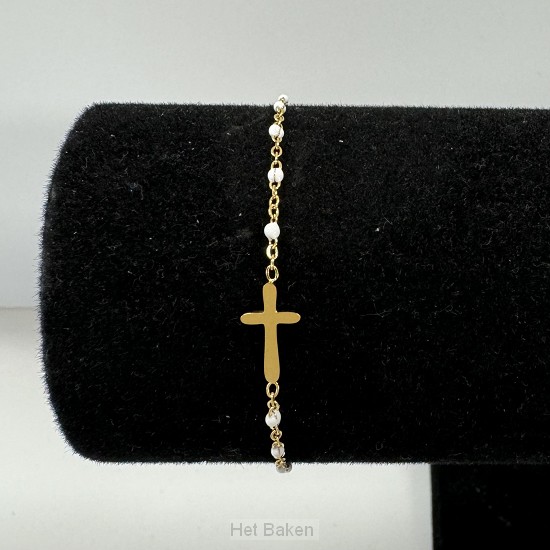 Armband kruis kralen wit goud