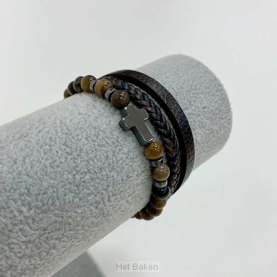 Armband leer/kralen kruisje bruin 19cm