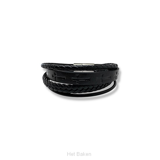 Leren armband diepdruk kruisjes zwart