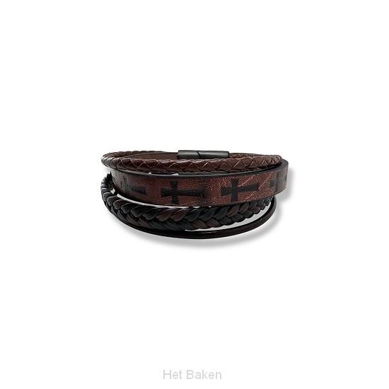 Leren armband diepdruk kruisjes bruin