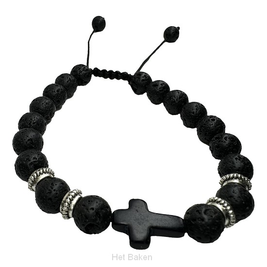 Kralen armband heren zwart met kruisje
