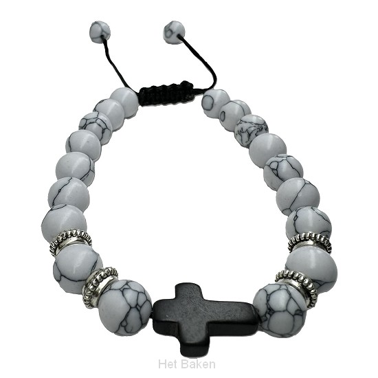 Kralen armband heren wit met kruisje