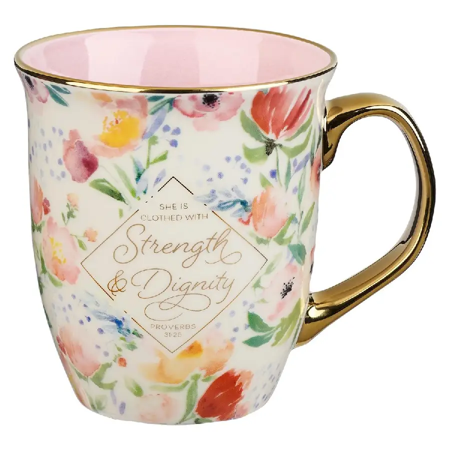 Mug Pink/White Floral Strength & Dignity