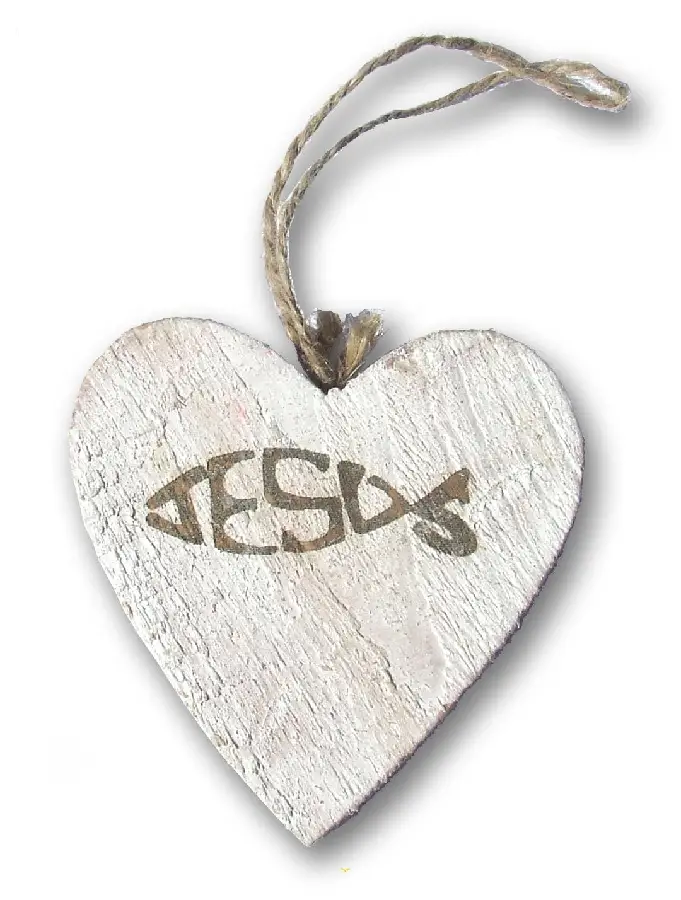 WOODEN HAART - JESUS/ICHTHUS - 9,5 CM