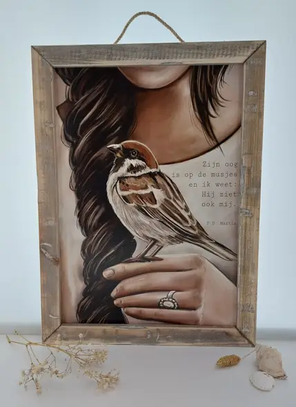 Schilderij A3 Zijn oog is op de musjes