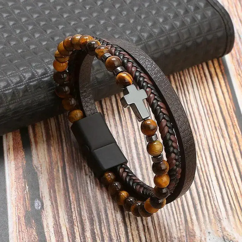 leather bracelet cross tiger